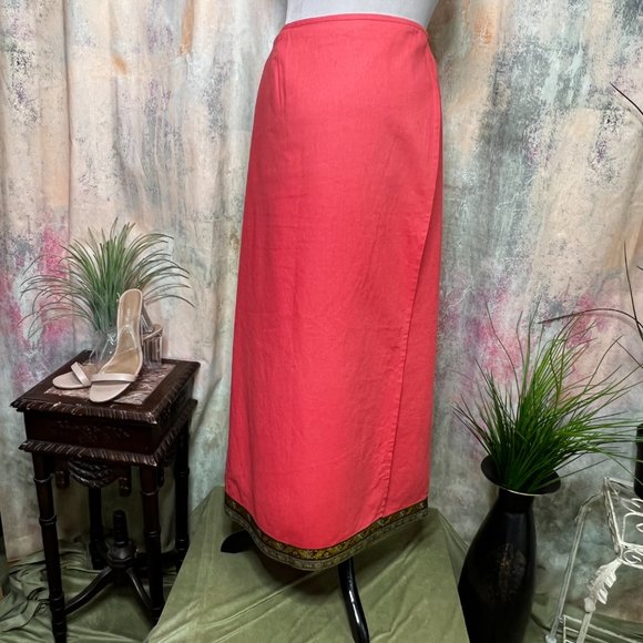 VTG 📌Casual W.E.A.R Maxi Linen Wrap Skirt with Gold Braid - Picture 3 of 16